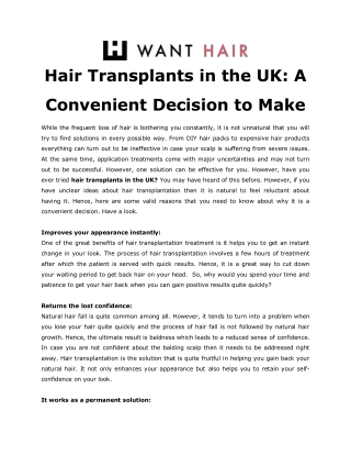 Hair Transplants in the UK: A Convenient Decision to Make