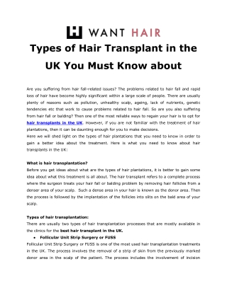 Types of Hair Transplant in the UK You Must Know About