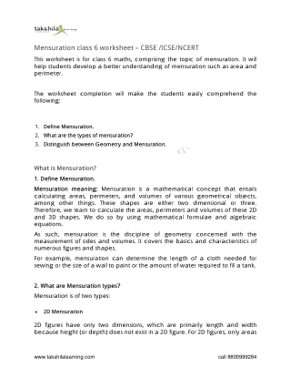 Mensuration class 6 worksheet