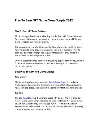 Play To Earn NFT Game Clone Scripts 2022