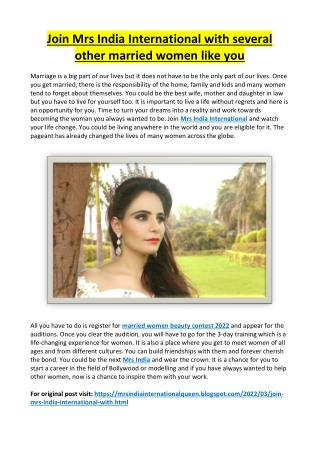 Join Mrs India International with several other married women like you