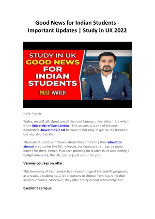 Good News for Indian Students - Important Updates  Study in UK 2022