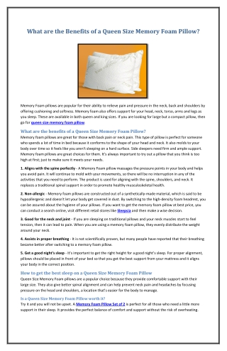 What are the Benefits of a Queen Size Memory Foam Pillow