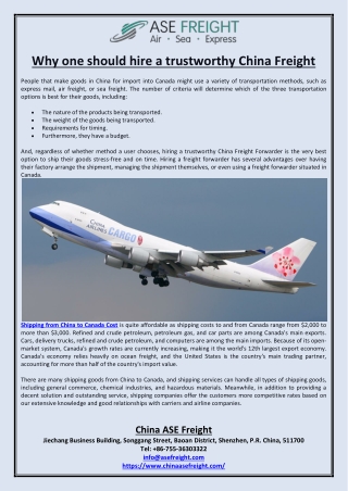 Why one should hire a trustworthy China Freight
