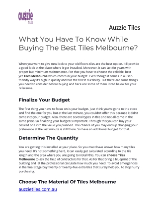 What You Have To Know While Buying The Best Tiles Melbourne