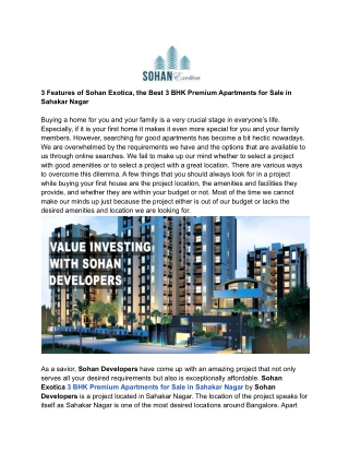 3 Best Features of Sohan Exotica, the Best 3 BHK Premium Apartments for Sale in Sahakar Nagar