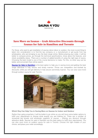 Save More on Saunas Grab Attractive Discounts through Saunas for Sale in Toronto