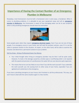 Importance of Having the Contact Number of an Emergency Plumber in Melbourne