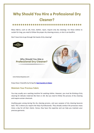 Benefits of Hiring Professional Dry Cleaner