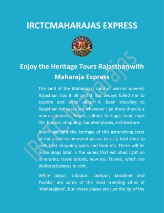 Enjoy the Heritage Tours Rajasthan with Maharaja Express