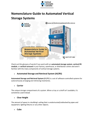 Nomenclature Guide to Automated Vertical Storage Systems