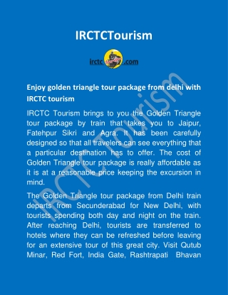 Enjoy golden triangle tour package from delhi with IRCTC tourism