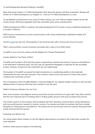 Tri-west Development Reviews & Ratings | CrowdDD