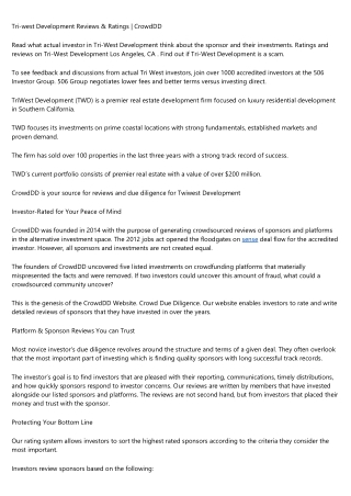 Tri-west Development Reviews & Ratings | CrowdDD