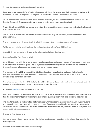 Tri-west Development Reviews & Ratings | CrowdDD