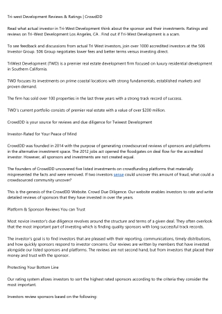 Tri-west Development Reviews & Ratings | CrowdDD