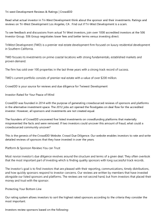 Tri-west Development Reviews & Ratings | CrowdDD