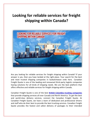 Looking for reliable services for freight shipping within Canada