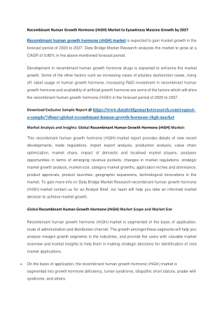Recombinant Human Growth Hormone (rhGH) Market to Eyewitness Massive Growth by 2027