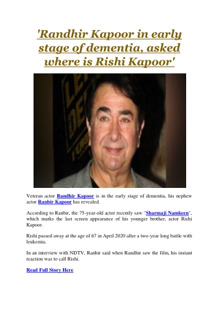 'Randhir Kapoor in early stage of dementia, asked where is Rishi Kapoor'