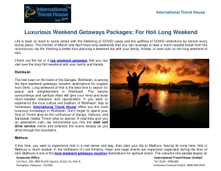 Luxurious Weekend Getaways Packages: For Holi Long Weekend