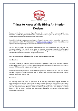 Things to Know While Hiring An Interior Designer