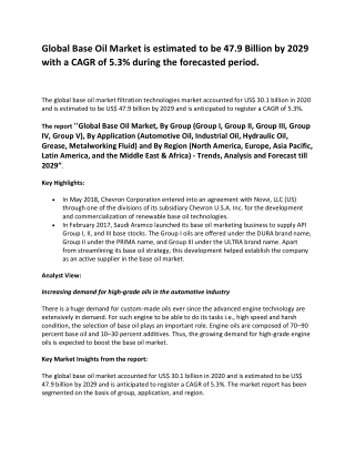 Global Base Oil Market is estimated to be 47