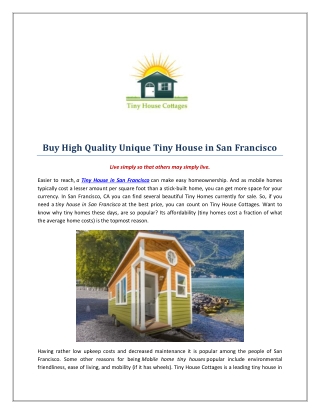 Buy High Quality Unique Tiny House in San Francisco