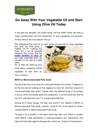 Do Away With Your Vegetable Oil and Start Using Olive Oil Today