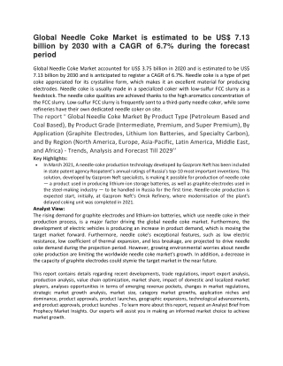 Global Needle Coke Market is estimated to be US
