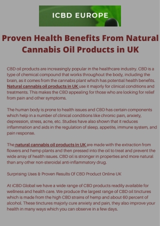 Proven Health Benefits From Natural Cannabis Oil Products in UK