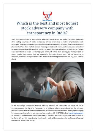 Which is the best and most honest stock advisory company with transparency in India