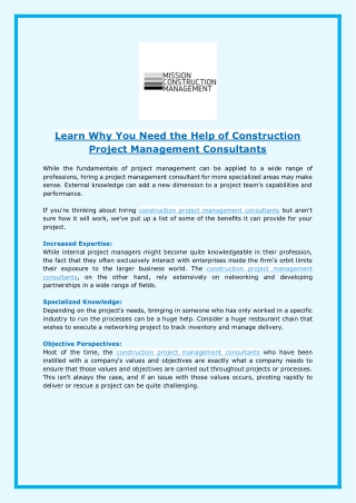 Learn Why You Need the Help of Construction Project Management Consultants