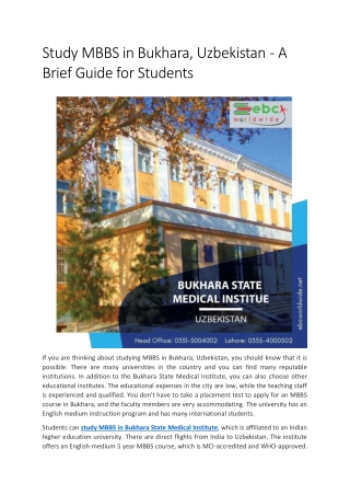 Study MBBS in Bukhara, Uzbekistan  - A Brief Guide for Students