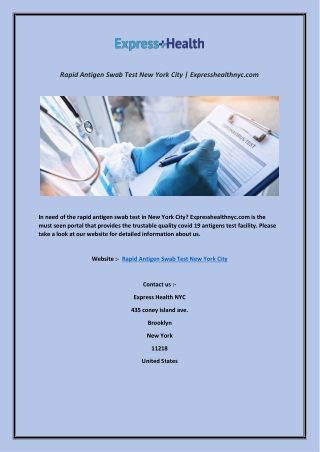 Rapid Antigen Swab Test New York City | Expresshealthnyc.com