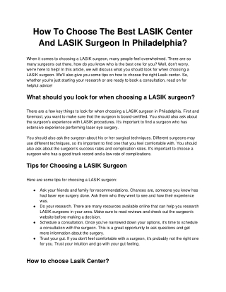 How To Choose The Best LASIK Center And LASIK Surgeon In Philadelphia