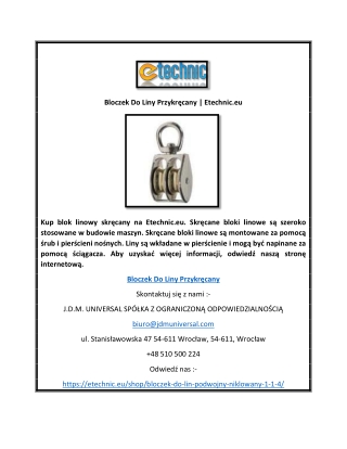 Bloczek Do Liny Przykręcany | Etechnic.eu