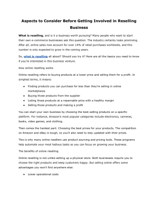 Aspects to Consider Before Getting Involved in Reselling Business