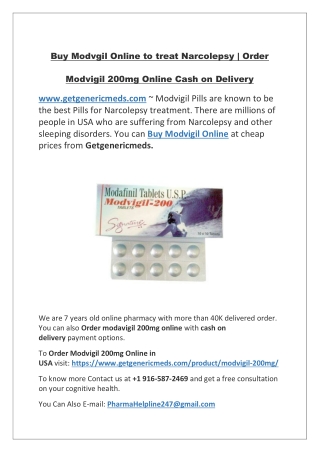Buy Modvgil Online to treat Narcolepsy | Order Modvigil 200mg Online Cash on Del