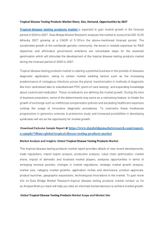 Tropical Disease Testing Products Market Share, Size, Demand, Opportunities by 2027