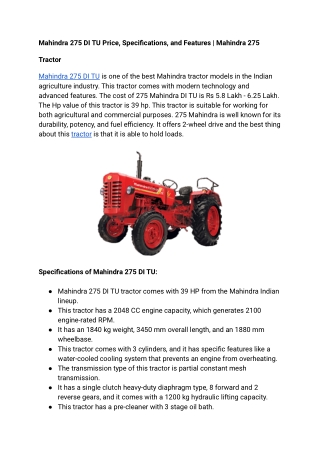 Mahindra 275 DI TU Price, Specifications, and Features | Mahindra 275 Tractor