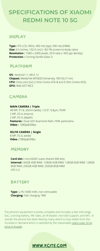 SPECIFICATIONS OF XIAOMI REDMI NOTE 10 5G