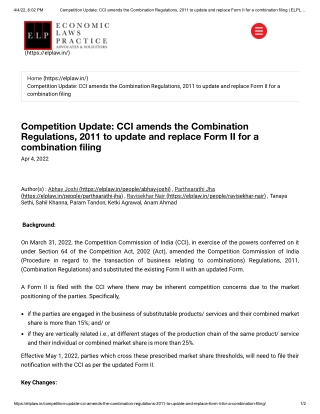 Competition Update: CCI amends the Combination Regulations, 2011 to Update