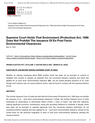 Supreme Court Holds That Environment (Protection) Act, 1986 Does Not....