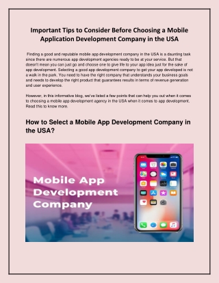Important Tips to Consider Before Choosing a Mobile Application Development Company in the USA