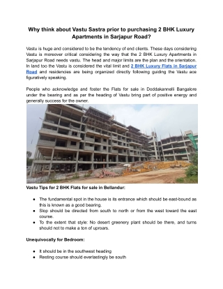 Why think about Vastu Sastra prior to purchasing 2 BHK Luxury Apartments in Sarjapur Road