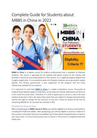 Complete Guide for Students about MBBS in China in 2022