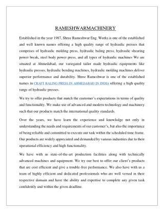 CRAFT BALING PRESS IN AHMEDABAD | Rameshwar Machinery