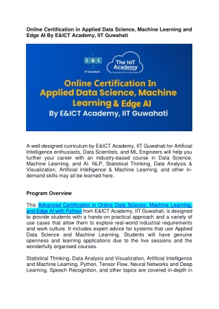 Online Certification in Applied Data Science, Machine Learning and Edge AI By E&ICT Academy, IIT Guwahati