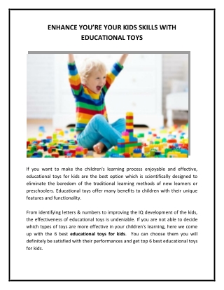 ENHANCE YOU’RE YOUR KIDS SKILLS WITH EDUCATIONAL TOYS